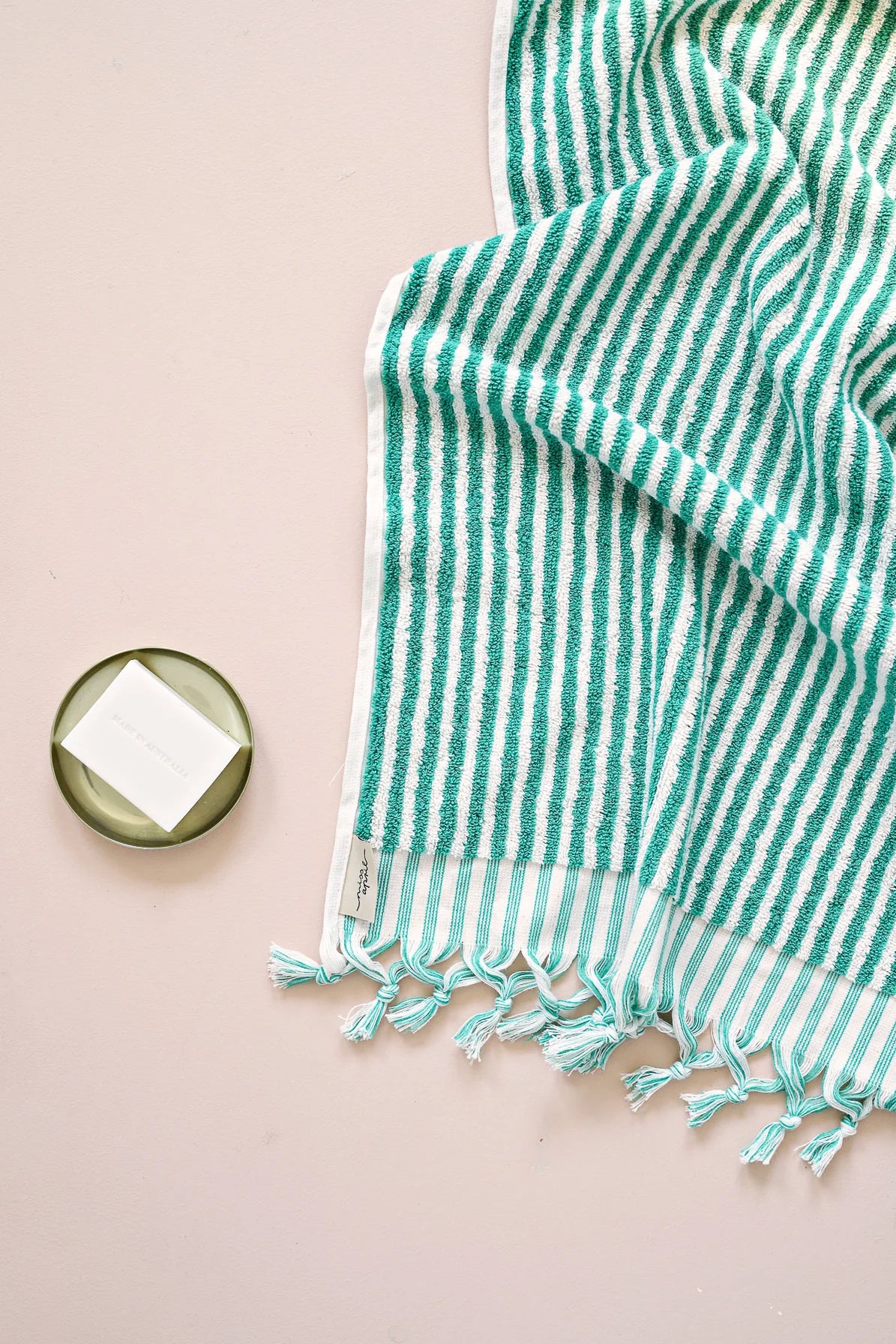Pompom Turkish Cotton Hand Towel - Green Stripes