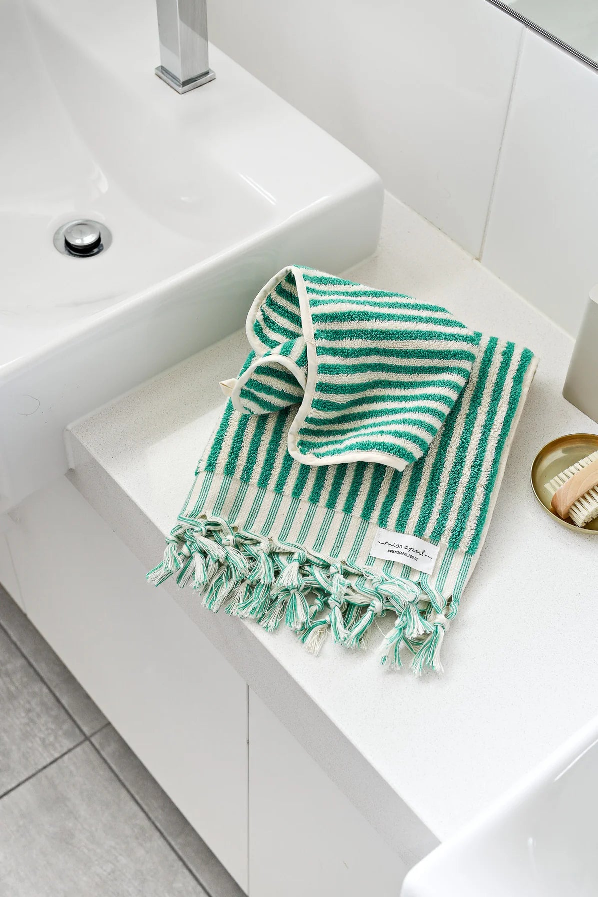 Pompom Turkish Cotton Hand Towel - Green Stripes