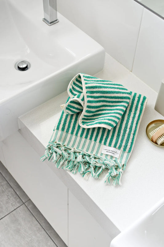 Pompom Turkish Cotton Hand Towel - Green Stripes