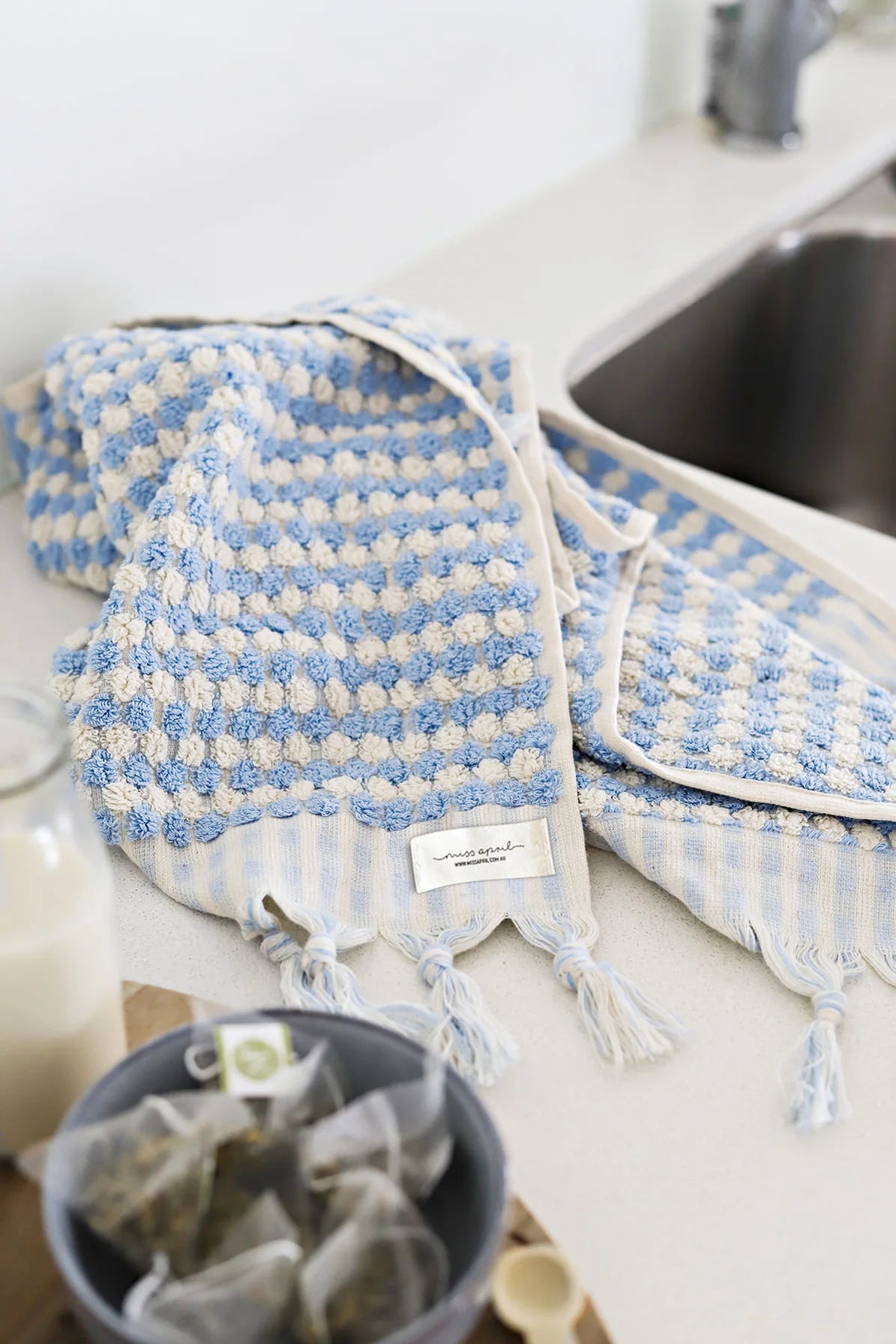 Pompom Turkish Cotton Hand Towel - Pale Blue