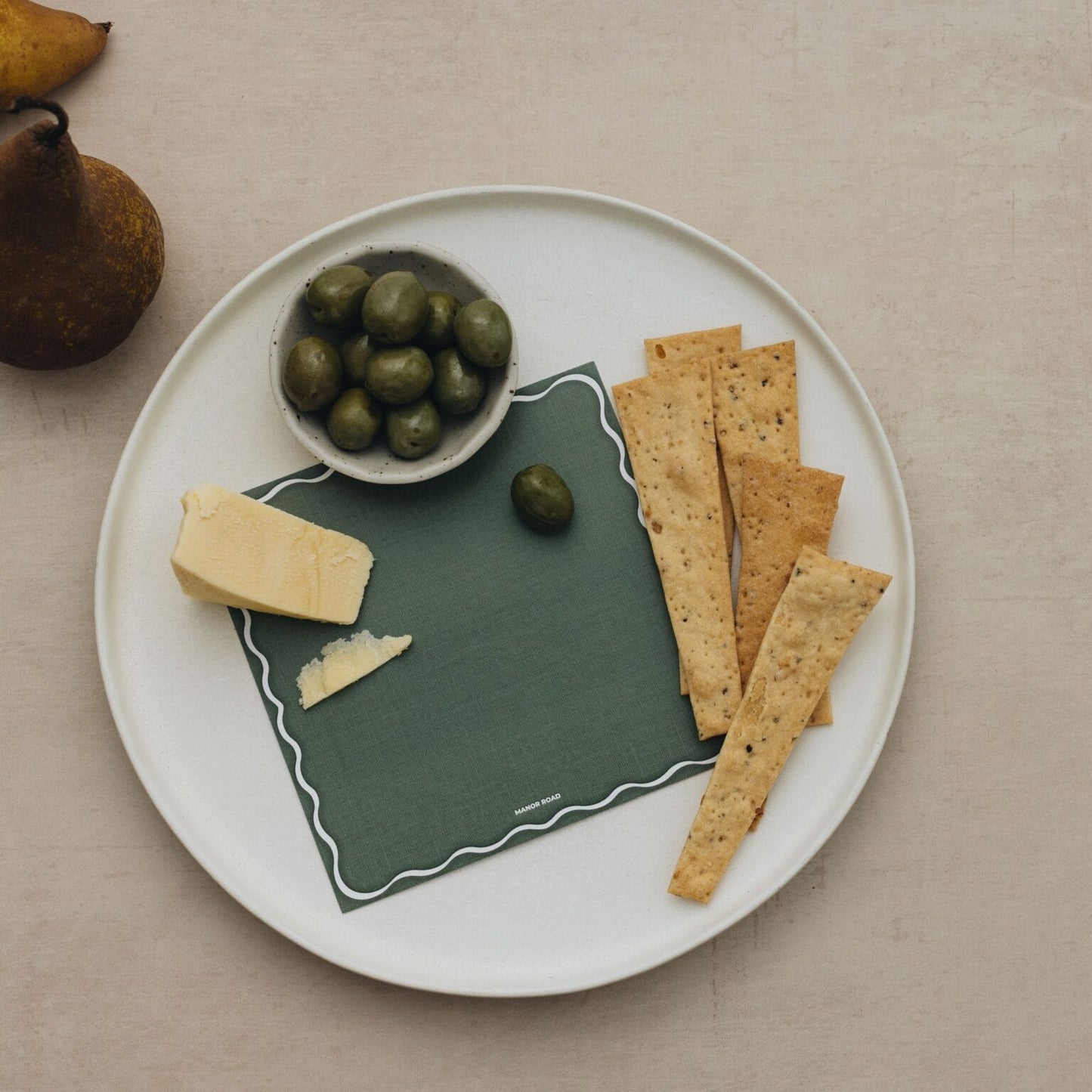Linen (Scallop Olive & White) Cheese Board Presentation Cards