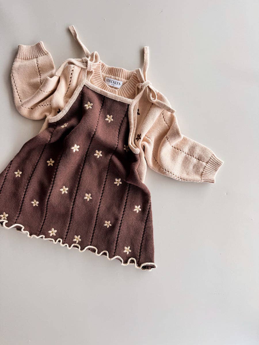 Pointelle Tie Dress - Brown Embroidery Daisy (3/4Y)