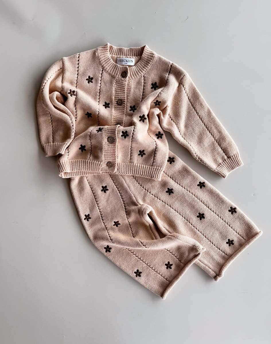 Embroidery Brown Daisy Cotton Knit Set  (2Y)