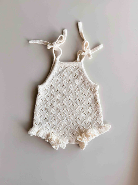 Mila Pointelle Tie Romper - Snow (6-12M)