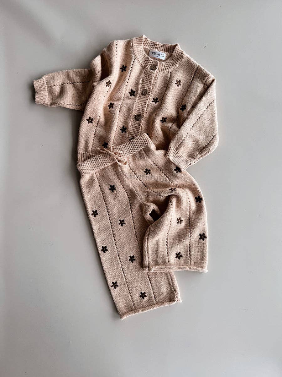 Embroidery Brown Daisy Cotton Knit Set  (2Y)