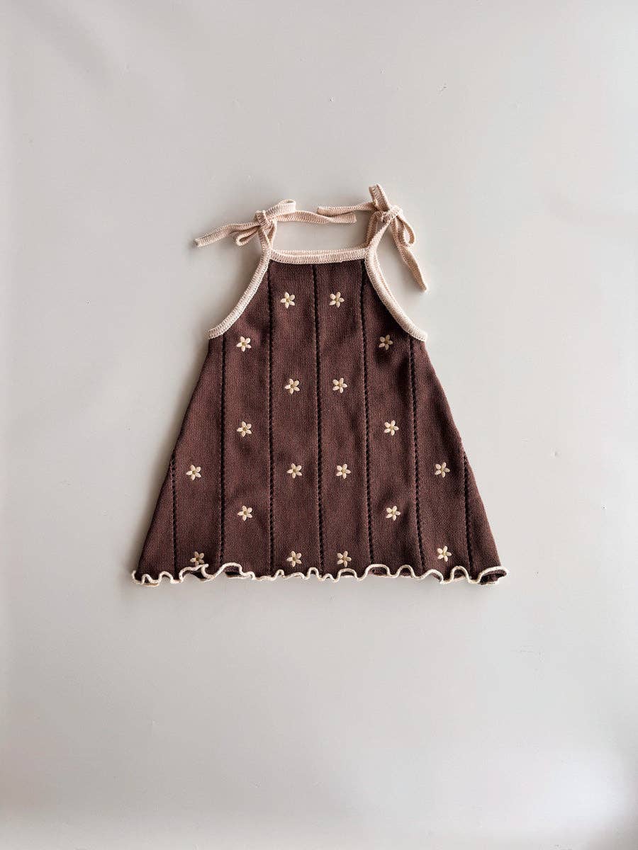Pointelle Tie Dress - Brown Embroidery Daisy (3/4Y)