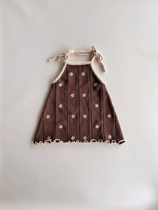 Pointelle Tie Dress - Brown Embroidery Daisy (3/4Y)