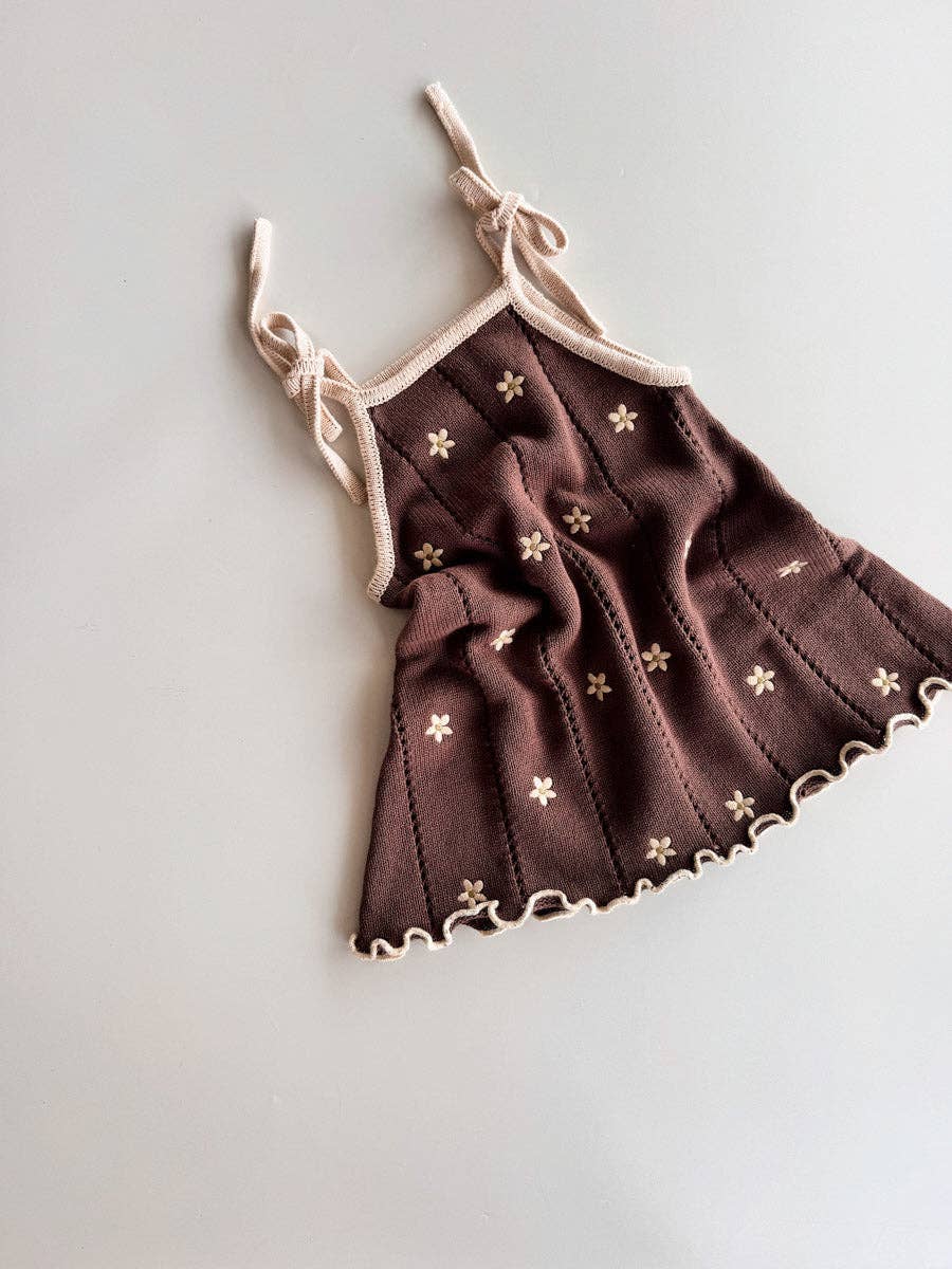 Pointelle Tie Dress - Brown Embroidery Daisy (3/4Y)