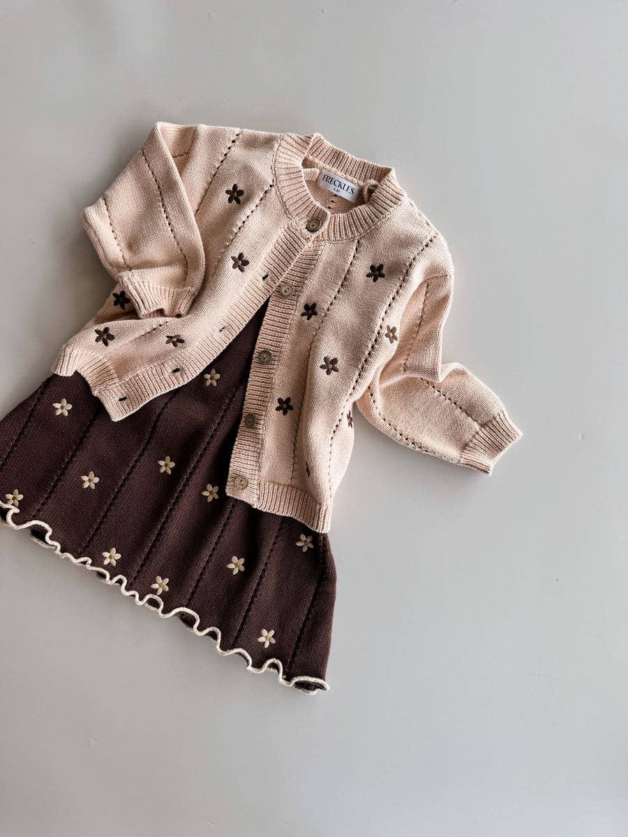 Pointelle Tie Dress - Brown Embroidery Daisy (3/4Y)