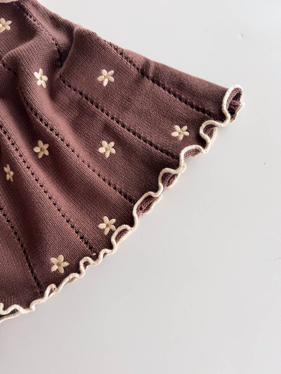 Pointelle Tie Dress - Brown Embroidery Daisy (3/4Y)