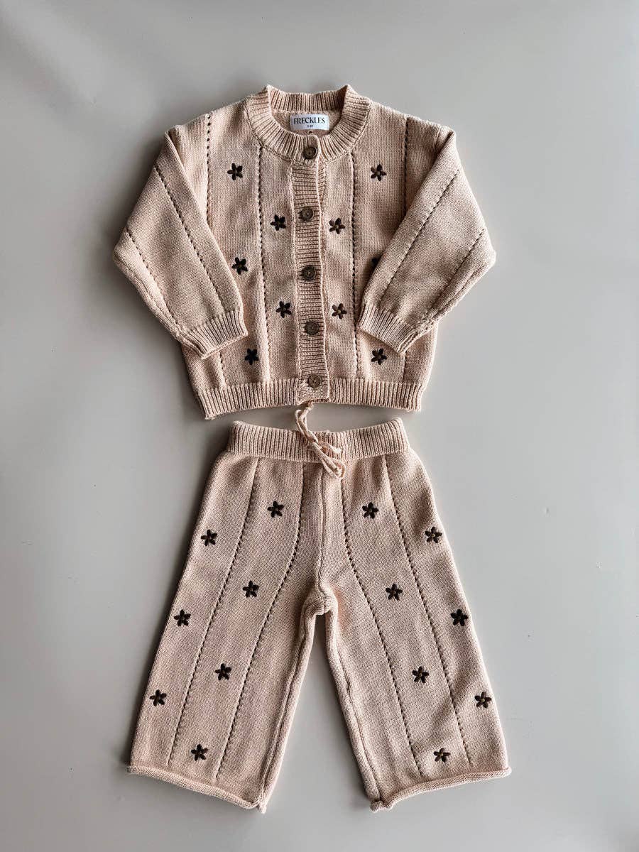 Embroidery Brown Daisy Cotton Knit Set  (2Y)
