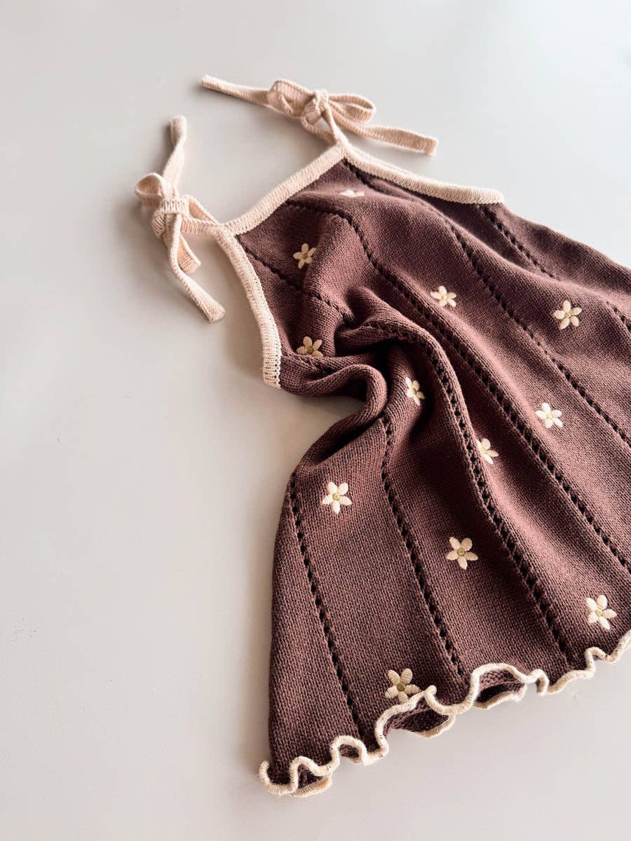 Pointelle Tie Dress - Brown Embroidery Daisy (3/4Y)