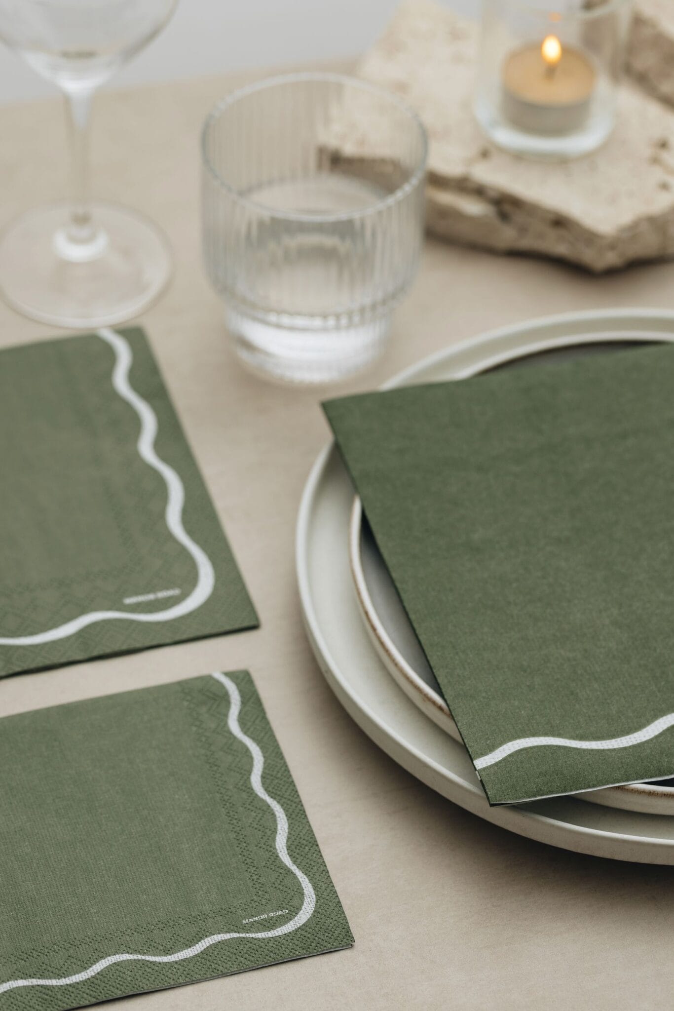 Linen (Olive & White Scallop) Napkins - Cocktail