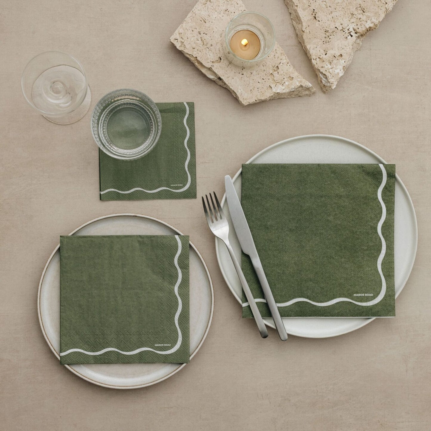 Linen (Olive & White Scallop) Napkins - Cocktail