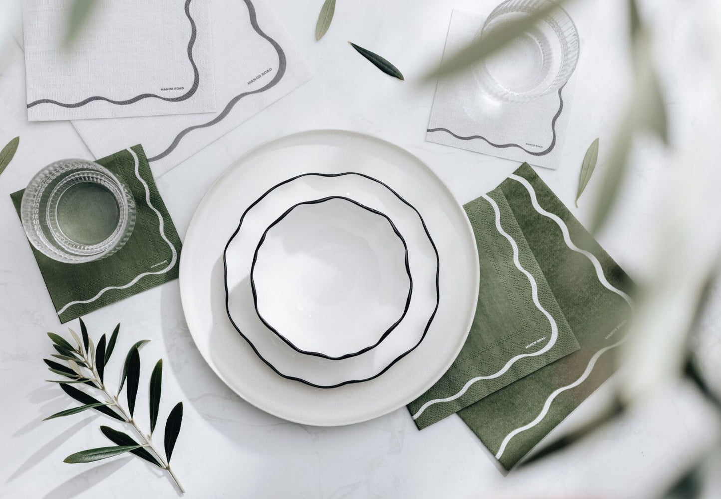 Linen (Olive & White Scallop) Napkins - Cocktail