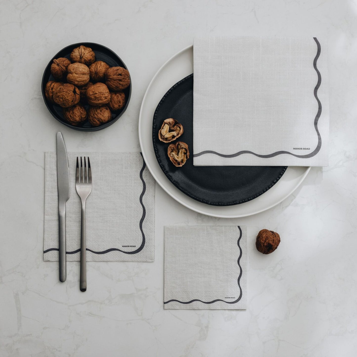Linen (White & Black Scallop) Napkins - Cocktail