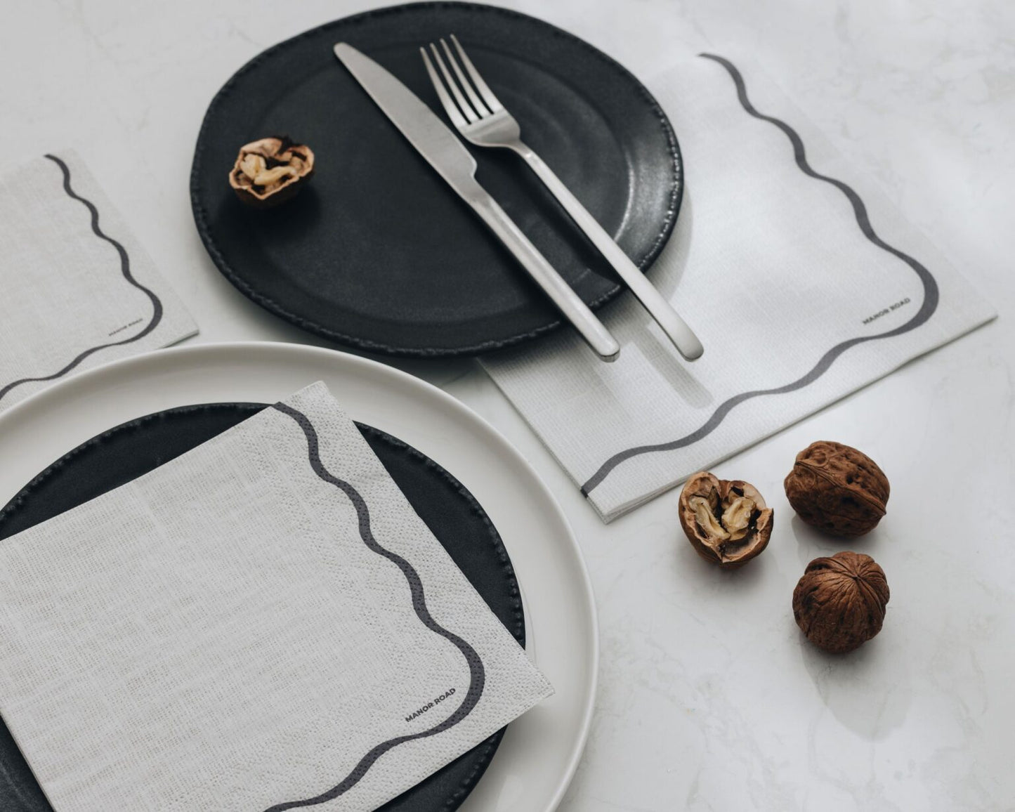 Linen (White & Black Scallop) Napkins - Cocktail